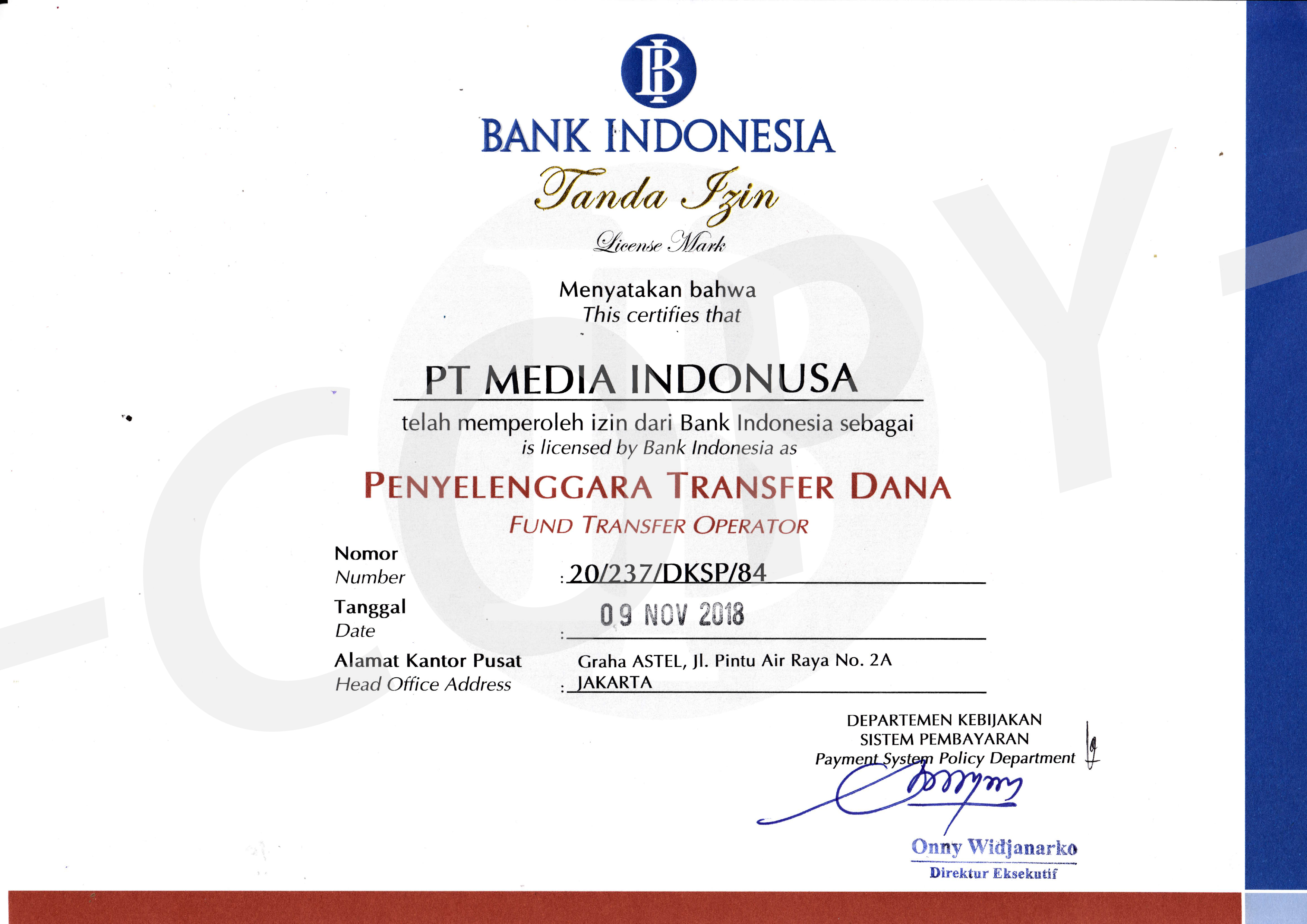 Izin Penyelenggara Transfer Dana (BI) - PT. Media Indonusa (1) Izin Penyelenggara Transfer Dana (BI) - PT. Media Indonusa (1)